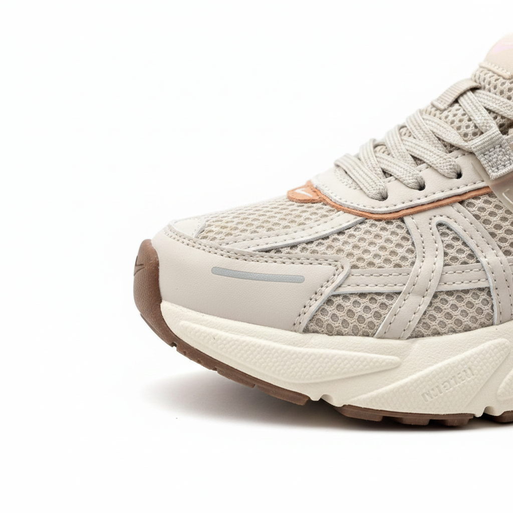 Nike V2k Beige Café detalle logo fondo blanco