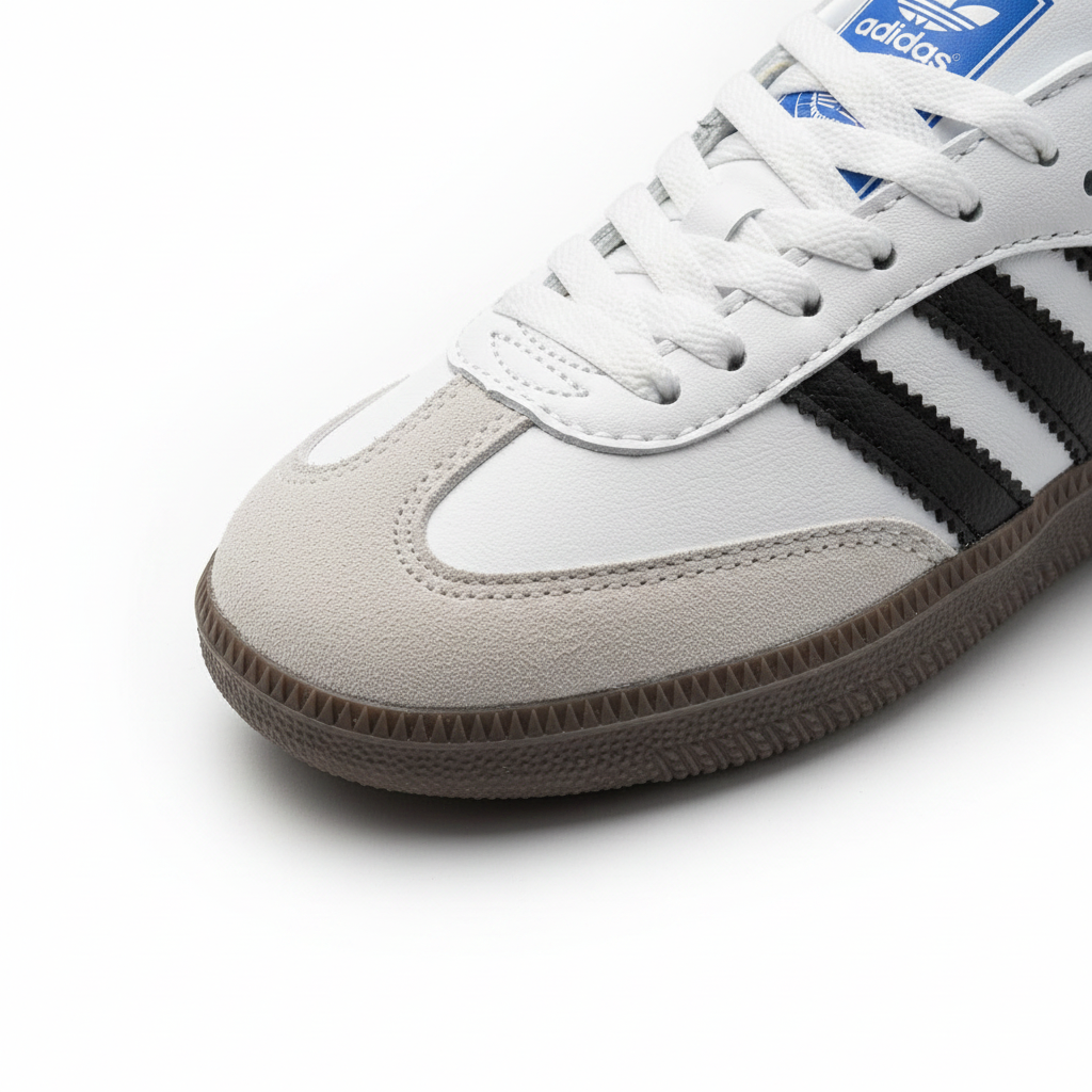 Adidas Samba Clásica detalle logo fondo blanco